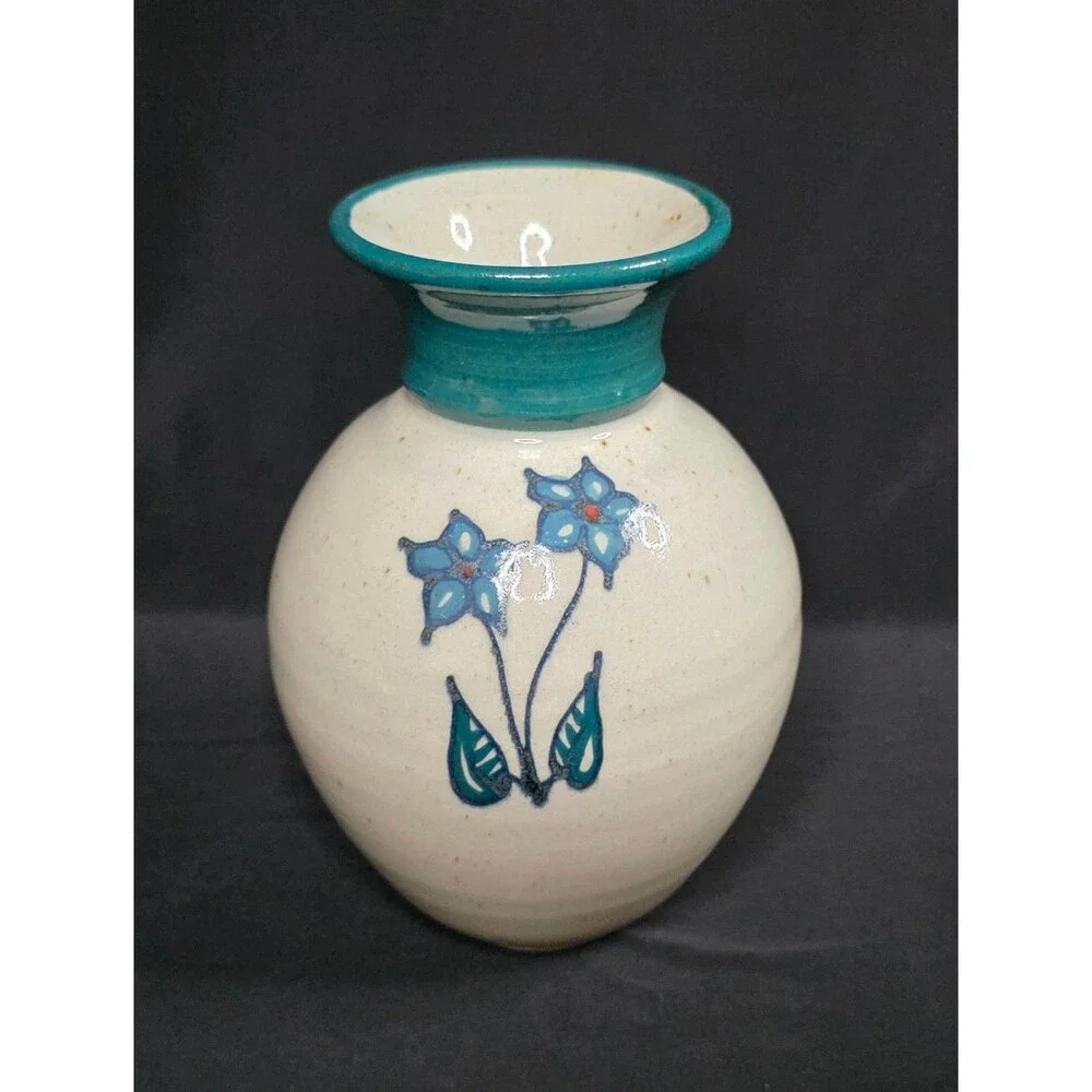 Hand Thrown Studio Pottery Vase Gray & Teal Blue Floral Stoneware Signed 6.75